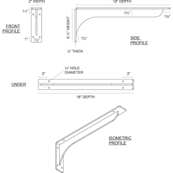 Embrey Steel Bracket, Powder Coated Black 2W X 18D X 6 1/2H